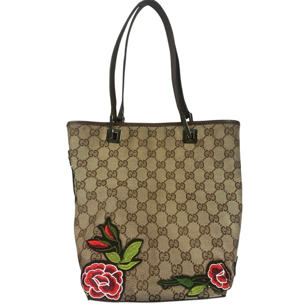 Gucci GG Canvas Small Tote Custom Snake Floral Applique Brown